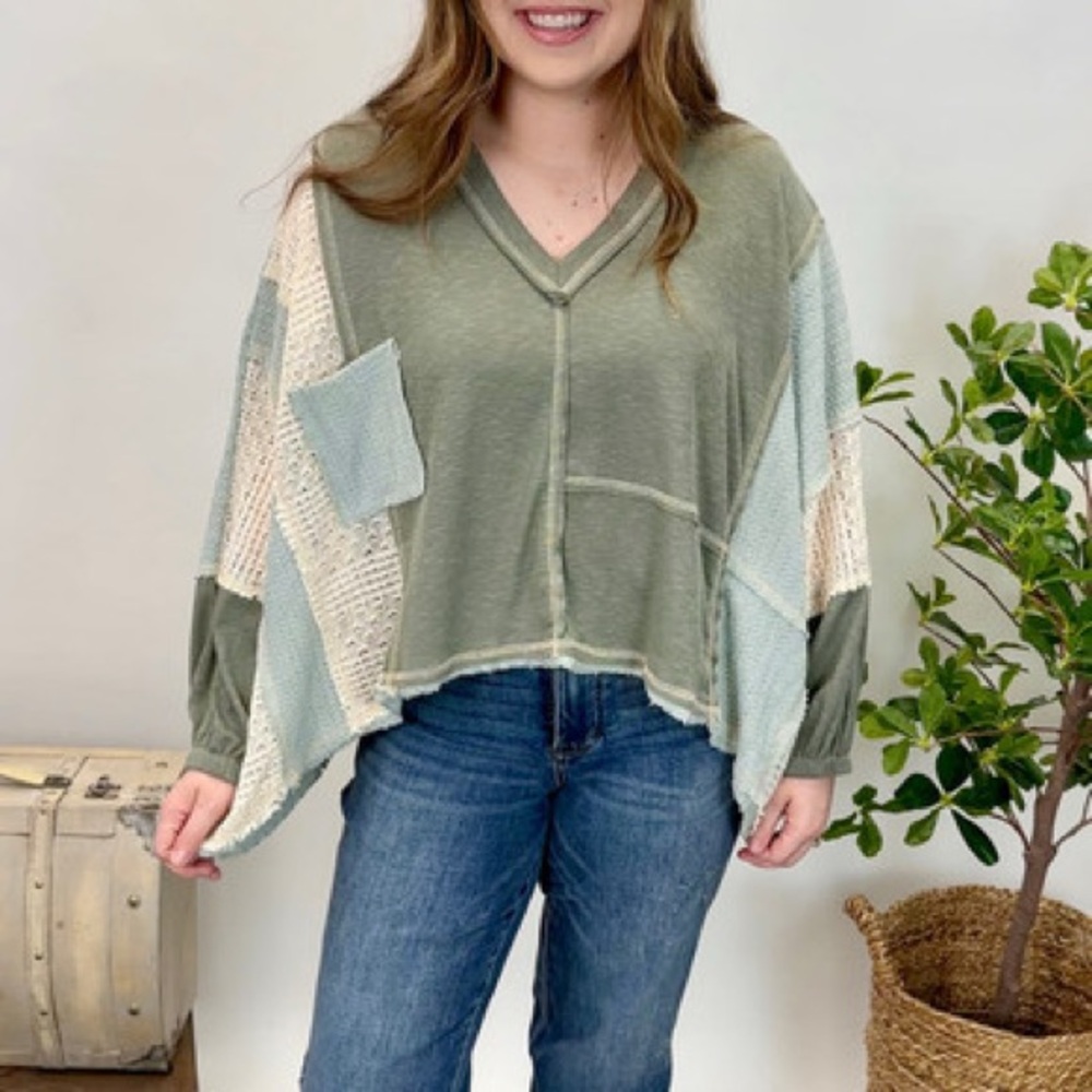 POL Patchwork Long Sleeve Moss Olive Green Multi-Texture V-Neck Top.